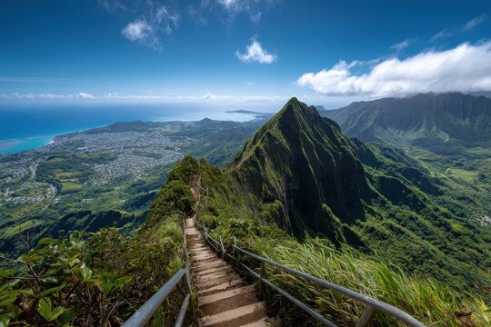 Haiku Stairs: A Scenic Ascent to the Peaks of Oahu, Embrace Nature's Beauty and Breathtaking Views Under the Summer Sky