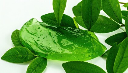 Green Skincare Gel with Leaves on White Background