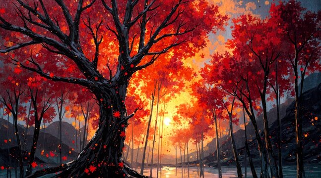 A vibrant autumn forest bathed in golden sunset light, with fiery red and orange maple trees lining a winding path through colorful foliage.  - Powered by Adobe