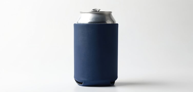 Isolated with dark blue koozie on white. Drinkware template for branding, marketing, promotion. Customizable beverage holder keeps refreshment cool in summer heat. Blank sleeve ready for design.