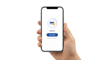 Hand holding smartphone with payment app displaying $125.00 to pay
