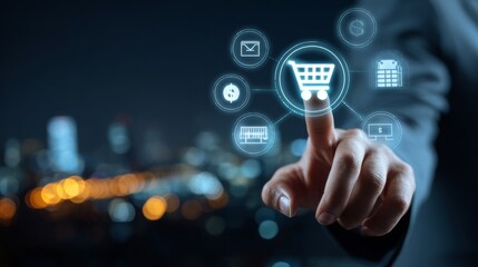  touching a digital shopping cart icon with a connection line 