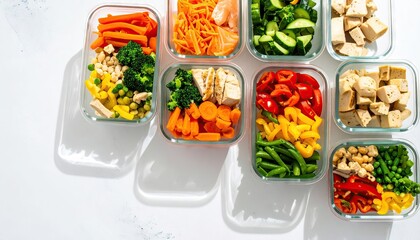 Overhead View of Healthy Meal Prep Containers with Assorted Vegetables and Protein