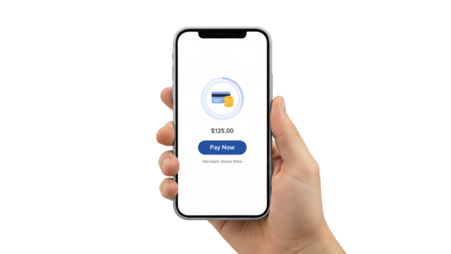 Hand holding smartphone with payment app displaying $125.00 to pay