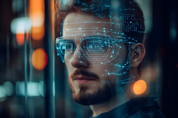 man using facial recognition AI interface for access, digital security context
