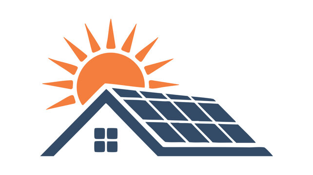 Solar energy home icon with sun and rooftop solar panels generating clean power vector
