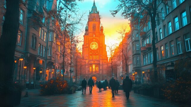 Church building in Romanticism style architecture in an urban environment cityscape