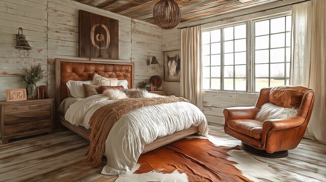 A rustic bedroom with a wooden plank ceiling a leather armchair and a cowhide rug for a rugged yet elegant feel interior