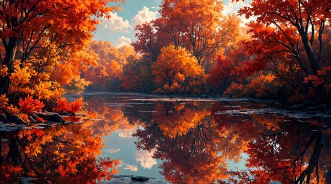 A vibrant, symmetrical kaleidoscope of fiery orange and deep blue hues forms a mesmerizing floral mandala with intricate, mirrored patterns radiating from its center.