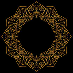 Golden mandala with intricate floral and geometric layers radiates on a black background, blending elegance, symmetry, and spiritual artistry.