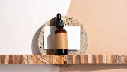 Amber Dropper Serum Bottle Mockup on Travertine