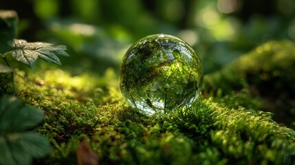 crystal-clear globe placed on moss-covered soil