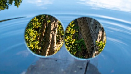 Dual Reflections in Water: Green Trees Mirrored in Circular Reflections