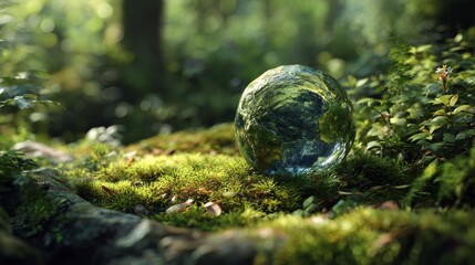 glass globe sits on mossy ground 