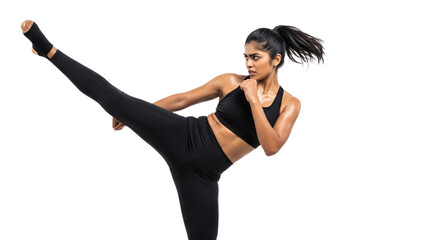 Woman Performing a High Kick in Martial Arts Training