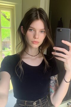 Woman taking a mirror selfie in a bathroom while showcasing her tattoos and casual style