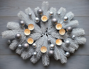 Minimalist Silver Christmas Wreath with Candles and Frosted Pine Branches