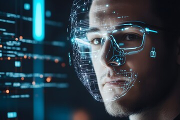 man using facial recognition AI interface for access, digital security context
