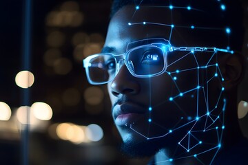 man using facial recognition AI interface for access, digital security context
