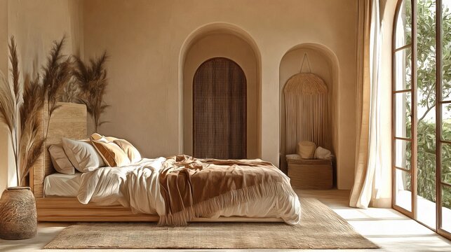 A Mediterranean bedroom with arched doorways pastel hues and woven rugs highlighting a harmonious and laid-back design interior