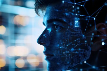 man using facial recognition AI interface for access, digital security context
