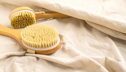 Two Wooden Body Brushes On Beige Linen Creating A Spa Focused Composition With Neutral Tones and Copy Space