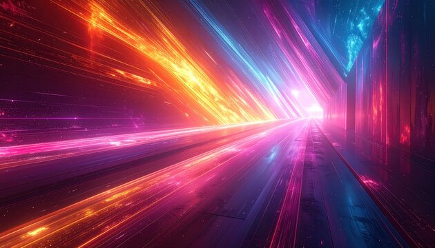 Futuristic tunnel ablaze with vibrant neon light trails - Powered by Adobe