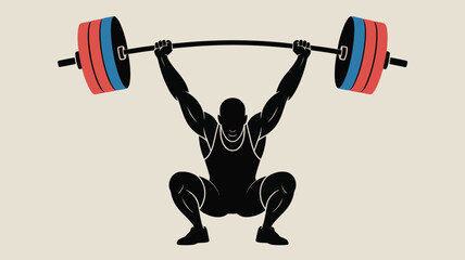 Silhouette of weightlifter squatting with barbell overhead in a stylized illustration style