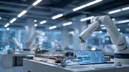 High-tech pharmaceutical lab where robotic arms assemble and fill medicinal capsules while analyzing samples on digital screens, symbolizing precision engineering, AI automation, and