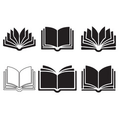 Collection of open book icons representing knowledge and learning set and bundle silhouette art vector design