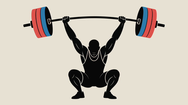 Silhouette of weightlifter squatting with barbell overhead in a stylized illustration style