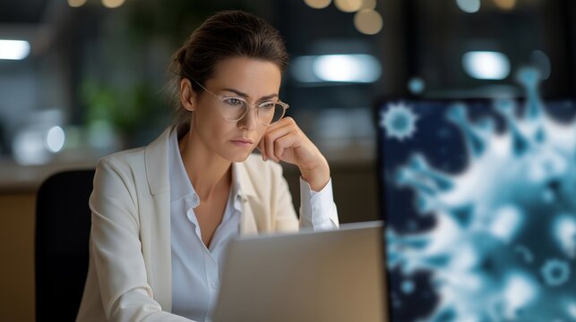 Person in office noticing virus notification pop-up, expressing worry and frustration, symbolizing real-time malware detection, digital security challenges, and user awareness in IT safety.
