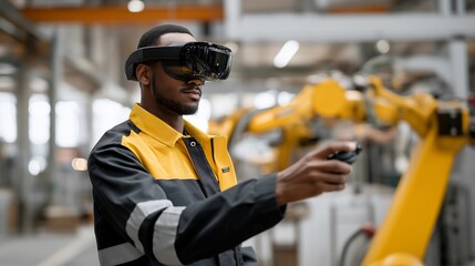 Engineers using holographic VR dashboards to configure autonomous robotic assembly lines, symbolizing predictive maintenance, intelligent manufacturing, and cutting-edge industrial engineering.