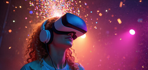 Naklejka premium Woman wears VR headset exploring digital world in confetti. Immersive entertainment experience, virtual reality gaming, futuristic tech, and online learning. Future is now.