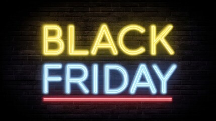 Obraz premium Glowing neon light banner with Black Friday sale text on a dark background