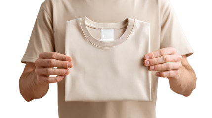Man holding a folded beige tshirt with a decorative collar, isolated on transparent background
