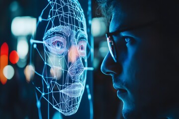 man using facial recognition AI interface for access, digital security context
