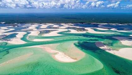 Aerial View of Tidal Flats S-Curves in Shallow Turquoise Water