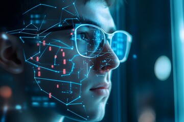 man using facial recognition AI interface for access, digital security context
