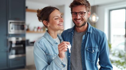 Happy young couple holding keys to new home, smiling and embracing in modern apartment. Real estate, mortgage, and property ownership concept. First-time homebuyers celebrating together indoors.