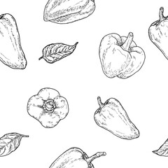 Bell pepper and sprigs with leaves, sketch. Vector illustration. Fresh farm vegetables, seamless pattern, isolated on a white background. Theme of healthy eating, eco-friendly and vegetarianism © Elena