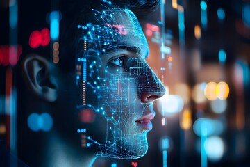 man using facial recognition AI interface for access, digital security context
