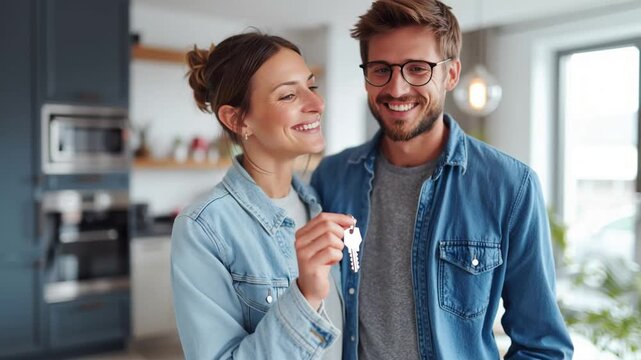 Happy young couple holding keys to new home, smiling and embracing in modern apartment. Real estate, mortgage, and property ownership concept. First-time homebuyers celebrating together indoors.