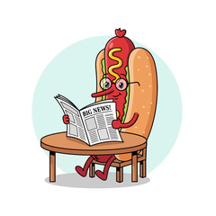 Funny Hot Dog Character Reading Newspaper