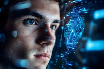 man using facial recognition AI interface for access, digital security context
