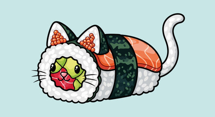 Cute sushi cat character cartoon maki roll illustration