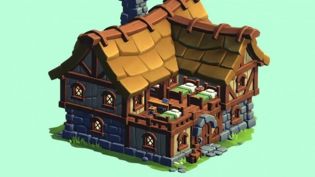 Detailed isometric view of a two-story medieval house for a game, showcasing the exterior and all interior rooms. The house features a stone foundation, wooden upper story with thatched roof, and visi