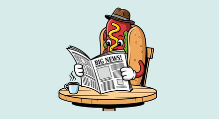 Funny Hot Dog Character Reading Newspaper Cartoon