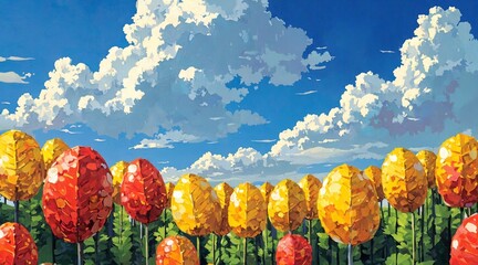 A child stands in a vibrant, sunlit meadow beside a towering wall covered in colorful circular patterns, gazing at it with wonder as other children play nearby 