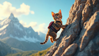Cute kitten climbs steep mountain rock. Young cat wears harness backpack. Adventure travel outdoors with furry pet. Blue sky and rocky landscape with adventurous animal.